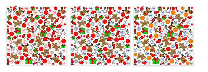 Fototapeta na wymiar Set of pattern of New Year Christmas symbols: gingerbread man, Christmas sock for gifts, Santa Claus hat, deer, snowman, snowflake, ball, clapperboard. Collage, holiday design