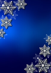 銀色のラメの雪の結晶　青のグラデーション背景　冬のフレーム素材（縦型）