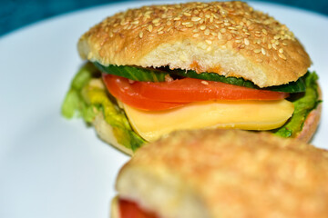 Sandwiches with chicken meat tomatoes and herbs and a sesame bun