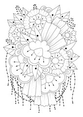 Coloring page for children and adults. Vector illustration with abstract flowers. Black-white background for coloring, printing on fabric or paper.