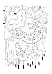 Coloring page for children and adults. Vector illustration with abstract flowers. Black-white background for coloring, printing on fabric or paper.