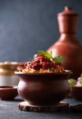 Delicious chicken biryani side view