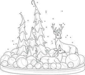Cartoon deers with Christmas decoration balls and pine trees sketch template. Graphic vector illustration in black and white for games, background, pattern, decor. Coloring paper, page, story book