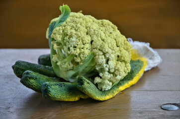 A delicious cabbage flower rests on a garden glove.  Green tones.  Organic Kale.  Cauliflower with...