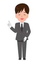 笑顔で指差ししてポイントを説明するスーツ姿の男性スタッフ