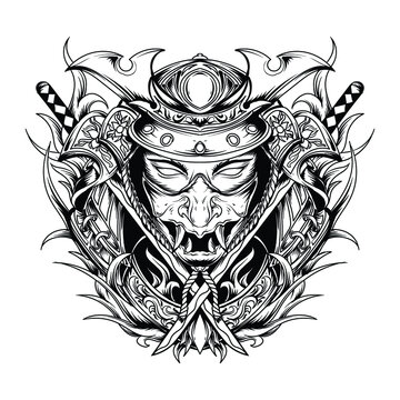 recommend clip art: tattoo and t-shirt design black and white hand drawn ronin samurai engraving ornament