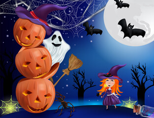 Pumpkin, cobweb, bats, broomstick, ghosts , spider and little witch with a hat. Happy characters under the moonlight. Beautiful characters Halloween. Vector illustration