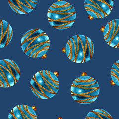 Seamless pattern of Christmas decorations, blue balloons with a gold stripe, watercolor illustration.