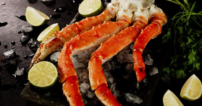 Boiled crab with ice and lime rotates on the table. 