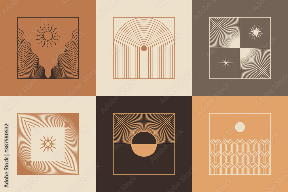 Poster Vector set of linear boho icons and symbols - sun logo design templates  and pritns - abstract design elements for decoration in modern minimalist style