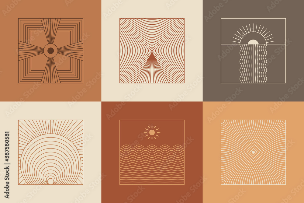 Poster Vector set of linear boho icons and symbols - sun logo design templates  and pritns - abstract design elements for decoration in modern minimalist style