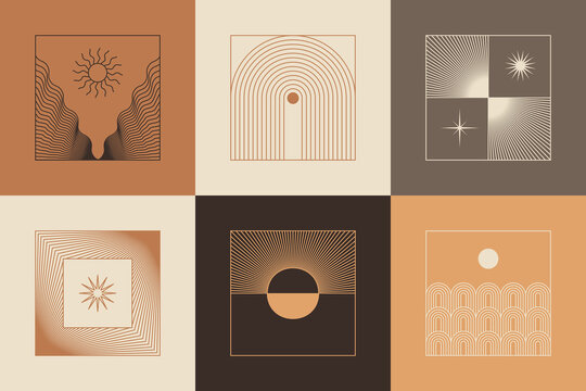 Vector set of linear boho icons and symbols - sun logo design templates  and pritns - abstract design elements for decoration in modern minimalist style