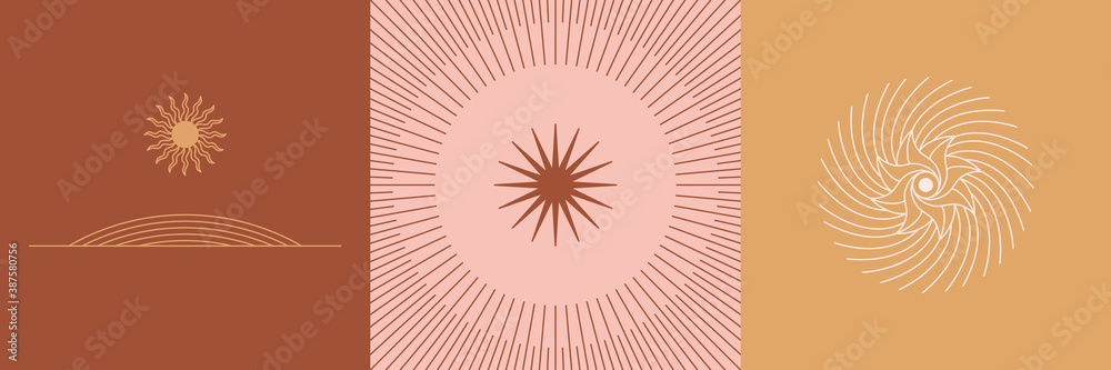 Poster Vector set of linear boho icons and symbols - sun logo design templates  and pritns - abstract design elements for decoration in modern minimalist style