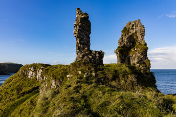 Historical Dunseverick Castle ruins, Atlantic Ocean, Causeway Coast and Glens, Causeway Coastal Route, Area of outstanding Natural Beauty, County Antrim, Northern Ireland