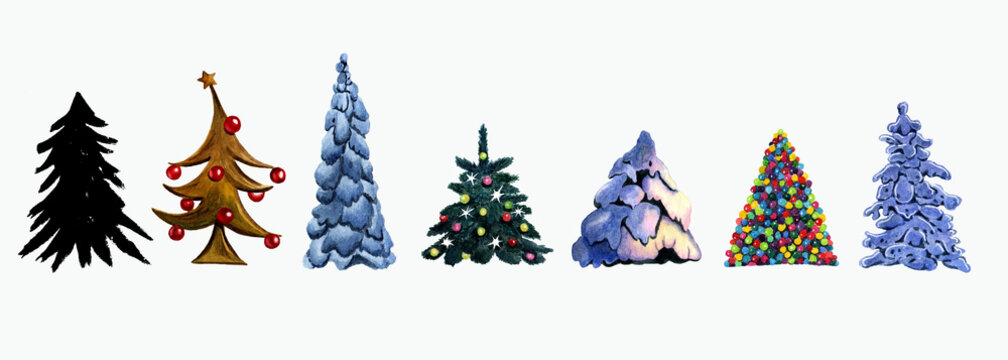 Watercolor set of Christmas trees in the snow, decorated with Christmas glass balls.