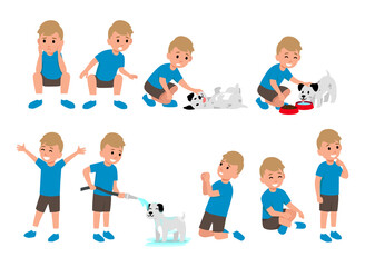 Cute little boy character activities set playing with dogs flat illustration isolated on layers 