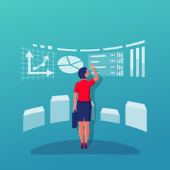 Business analytics. Workplace businesswoman, chart on big screen. Strategy and planning. Auditing examination of financial report. Accounting research. Vector flat design. Data and investments.