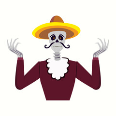 Funny mexican skeleton shrugging and confused about anything. isolated flat vector illustration on white background
