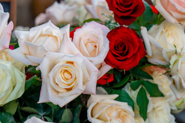 bouquet of white and red roses in the flower market
