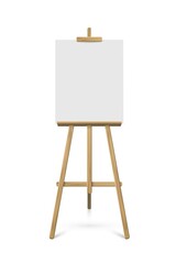 Easel with white vertical paper sheet. Vector realistic design element isolated on white background.
