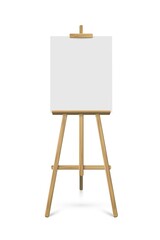 Easel with white vertical paper sheet. Vector realistic design element isolated on white background.