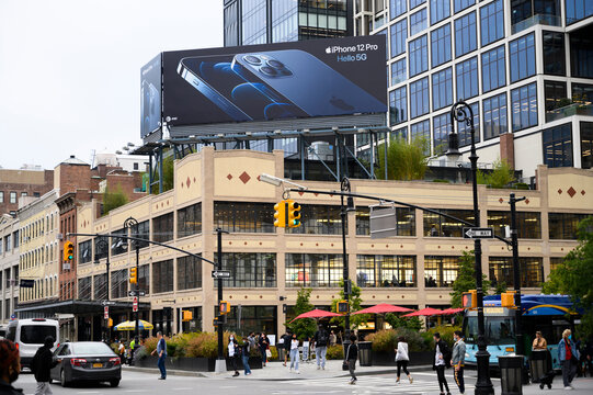 New York, New York, USA - October 23, 2020: An iPhone 12 Pro Billboard on the Apple store in the meatpacking district.