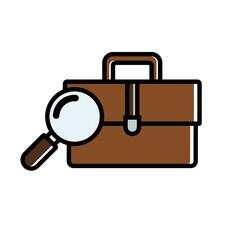 Job search concept. Flat busines icon. Suitcase and magnifier close-up. Vector illustration flat design. Isolated on white background.