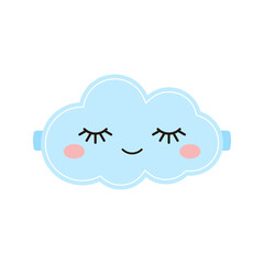 Sleep mask cute cloud with closed eyes. Kids or woman travel beauty blue color eye protection - relaxation blindfold isolated on white background. Eye cover flat design cartoon vector illustration.