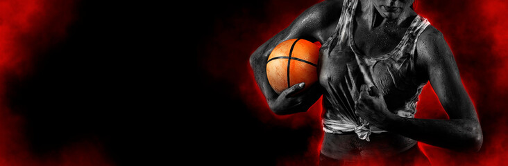 Handsome woman rugby player. Sports banner