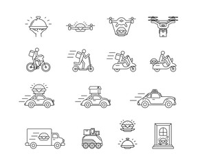 Set online delivery line icons with drone, car, courier on scooter and bike