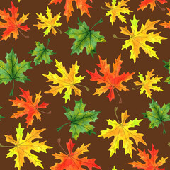 Bright maple leaf seamless pattern. Watercolor autumn palette foliage repeated illustration for cover, fabric, textile, t-shirt design, festival poster, wrapping