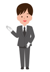 笑顔で案内するスーツの男性スタッフ