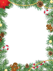 Christmas frame with pine branches, poinsettia, Christmas tree decor and Christmas sweets © IrishaArt