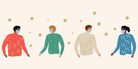 Collection of cartoon people in masks and winter clothes. Urban illustration. Men and women in multicolored Christmas sweaters. Fashionable style of winter clothing and masks during a pandemic. 