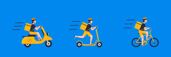 Set with elements online delivery, courier on motorbike, electric scooter and bike with bag delivery concept isolated