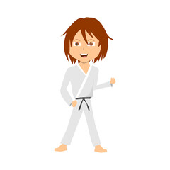 Cartoon flat karate guy isolated on white. Design for notebook, card, poster, banner, wrapper, background. Cute smiling fighter. Vector Illustration