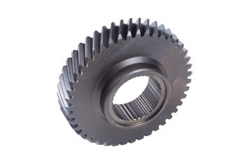 New details on a white background. Transmission gears of the gearshift torque. Conceptually mechanical background. Shiny gear box teeth