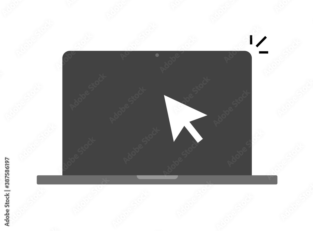 Poster laptop computer and pointer mouse cursor icon vector symbol flat cartoon, notebook pc screen with cl