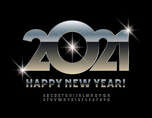 Vector modern greeting card Happy New Year 2021! Metal glossy Font. Chrome Alphabet Letters and Numbers set