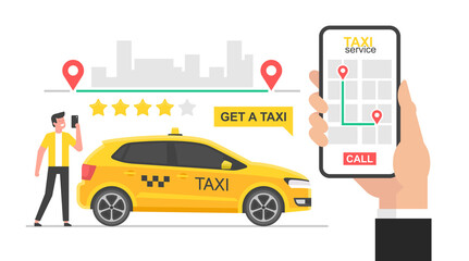 Online taxi concept. Hand holding smartphone with taxi application on a screen. Booking taxi online concept design. Taxi app - obrazy, fototapety, plakaty