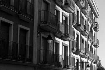 View of an old house facade with lot of balconies in Alcoi.