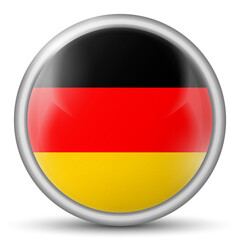 Obraz premium Glass light ball with flag of Germany. Round sphere, template icon. German national symbol. Glossy realistic ball, 3D abstract vector illustration highlighted on a white background. Big bubble.