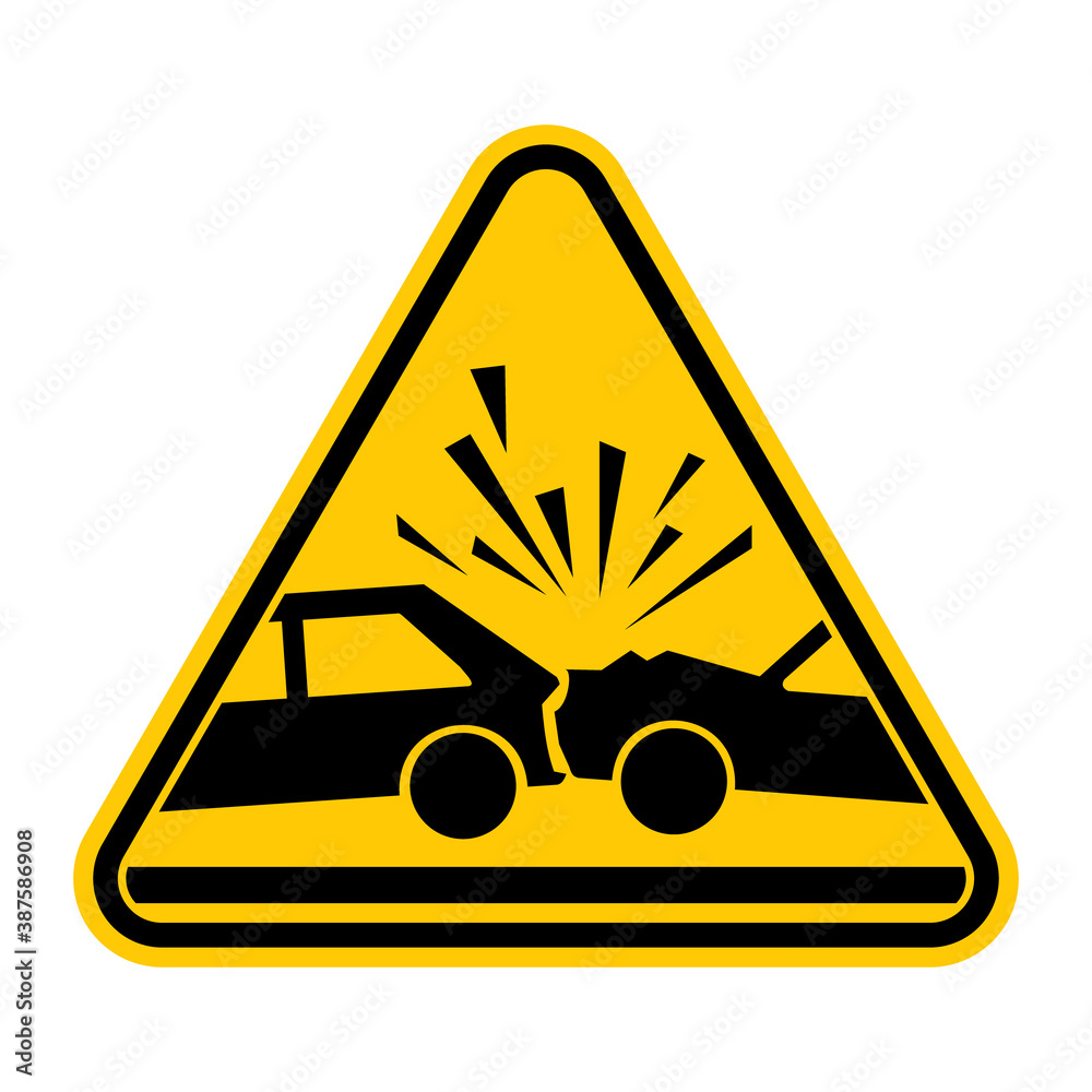 Wall mural Caution car accident sign. Risk of vehicles crash warning sign. Vector illustration of yellow triangle sign with car crash icon inside. Vehicles collision symbol. Dangerous zone. Transportation wreck.