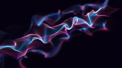 Obraz premium Abstract dynamic wavy lines background. Glowing multi-colour line particles with beautiful bokeh. Digital tech 3d perspective illustration