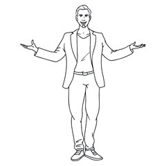 monochrome outline illustration of a man with arms outstretched and suit. welcome, wizard, whole body.