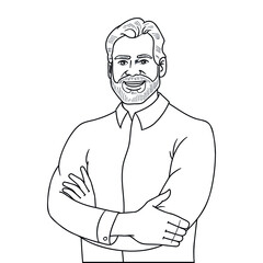 monochrome illustration of a laughing man with a full beard with his arms crossed.