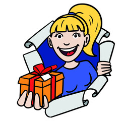 laughing woman breaks through a wall of paper and holds a present in her hand.