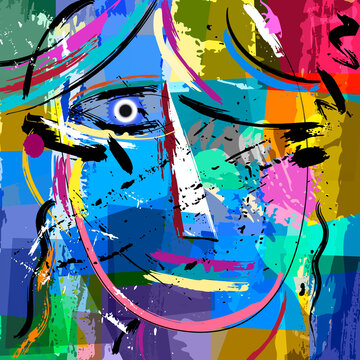 abstract background composition, with paint strokes and splashes, face/mask