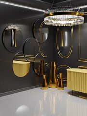 Modern room design with classic elements and golden accents