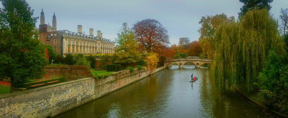 Panoramic view on the River Cam near Kings College Cambridge University, Cambridge England in the...